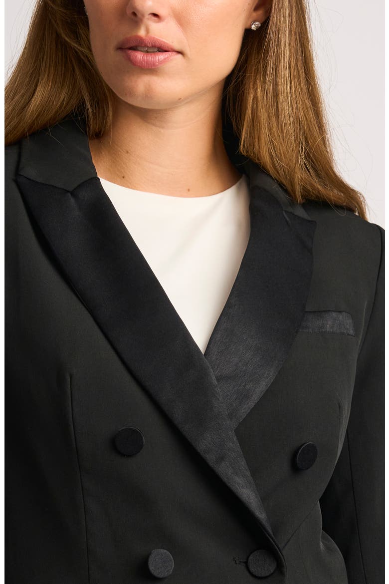 Satin Trim Double Breasted Blazer, Alternate, color, RICH BLACK