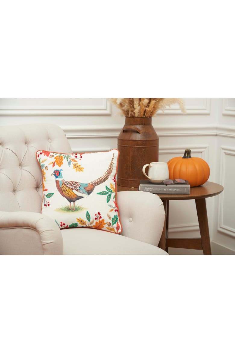 Harvest Pheasant w/ Foliage Printed Cotton Blend Accent Pillow 16" x 16", Alternate, color, White