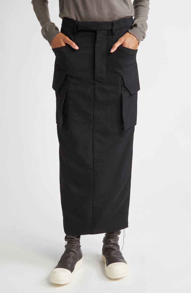 Rick Owens Firbanks Virgin Wool Twill Cargo Skirt, Main, color, Black