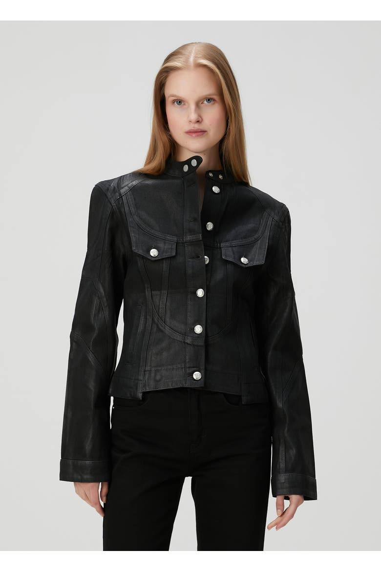Pure Cotton Shiny Coated Women Denim Jacket, Alternate, color, BLACK