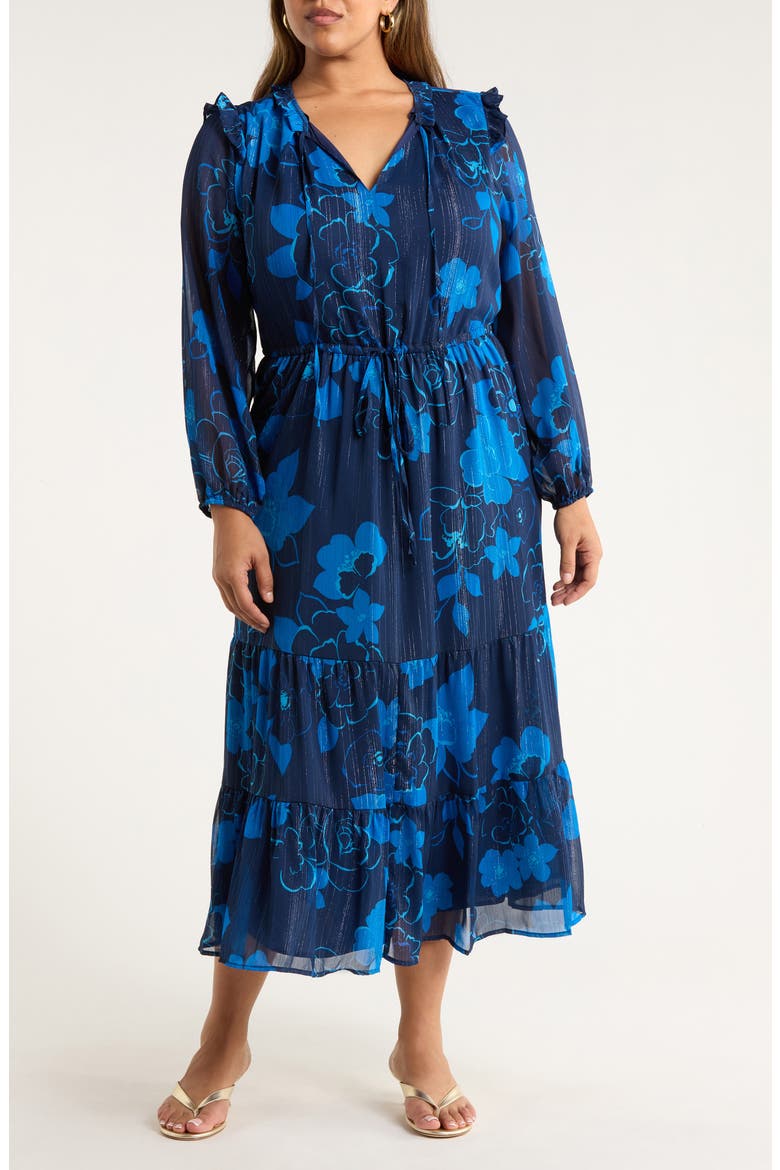Bluford Metallic Floral Print Long Sleeve Dress, Main, color, NAVY-BLUE