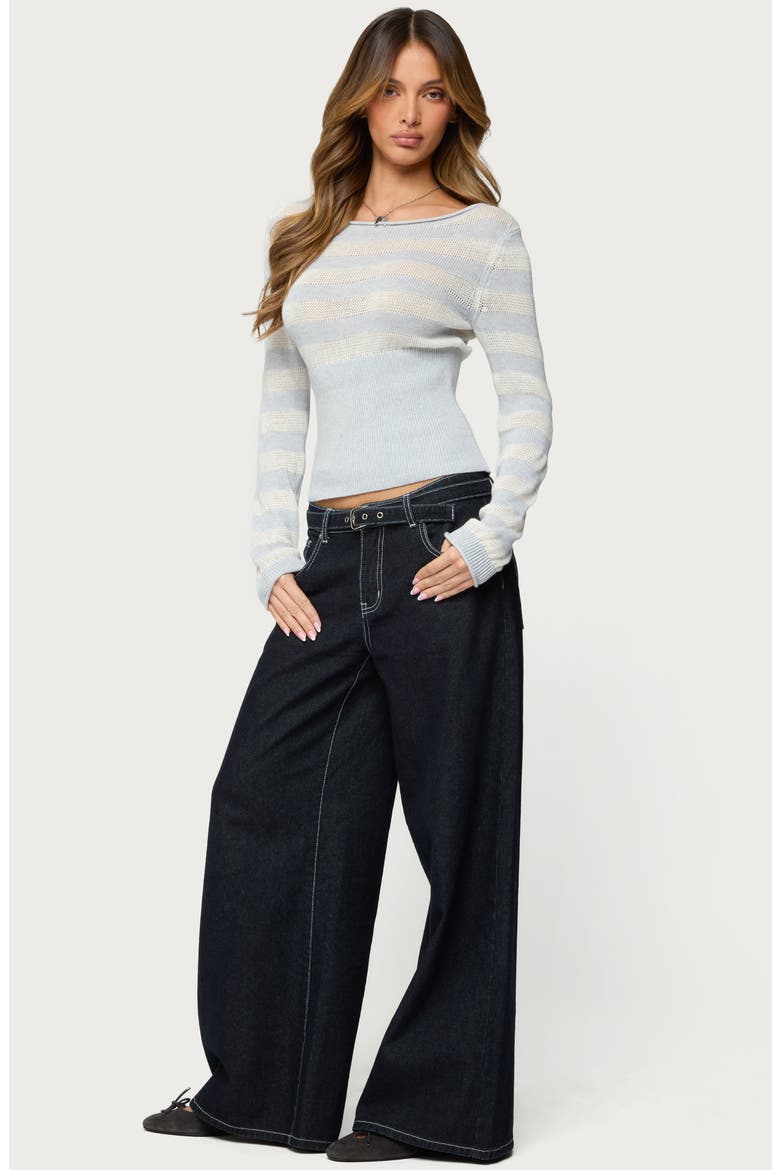 Cornella Stripe Open Stitch Boat Neck Sweater, Alternate, color, GRAY-AND-WHITE