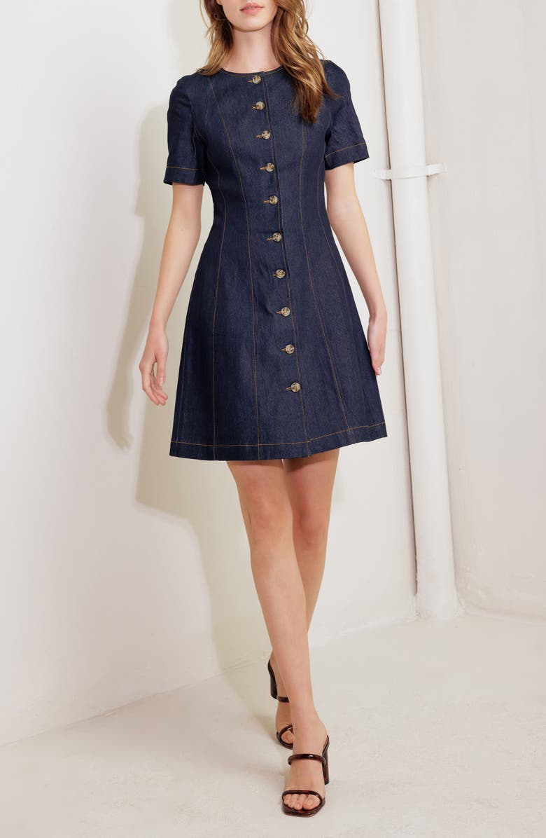 FREEMARKET Short Sleeve A-Line Cotton Blend Denim Minidress, Alternate, color,