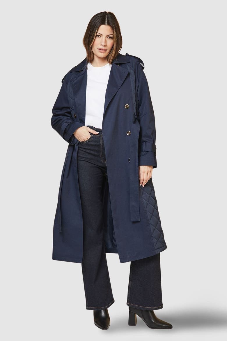 Padded Belted Trench Coat, Main, color, Navy