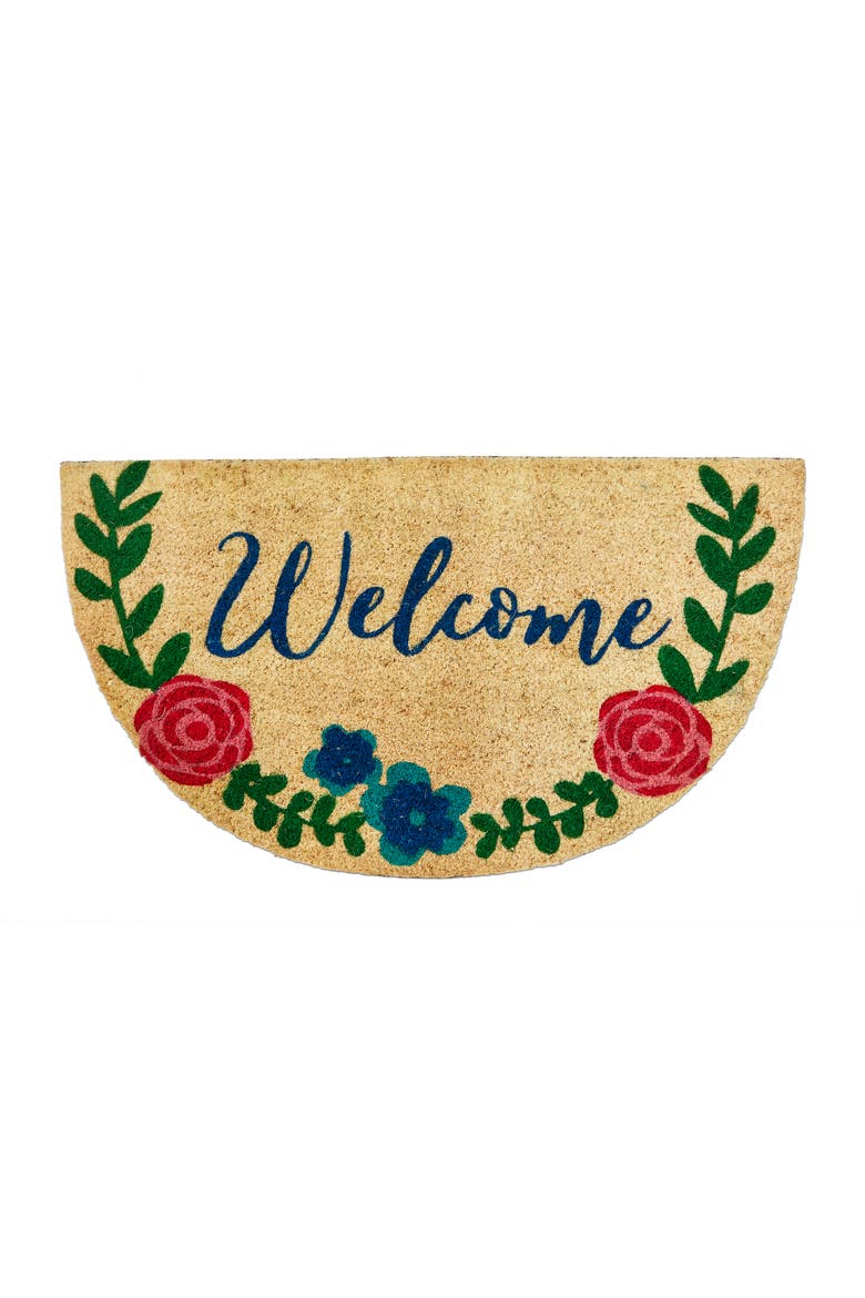 Welcome Flower Garland Non-Slip Coir Mat Multi Coir Everyday, Main, color, Brown