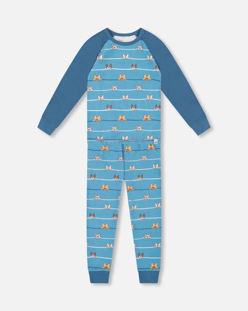 Deux Par Deux Two-piece Organic Cotton Pajama Set Dog In Blue