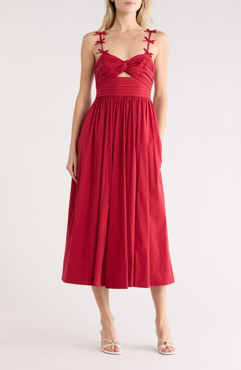 Cinq à Sept Agnes Bow Strap Pleated Fit & Flare Dress, Main, color, Cherry Rose