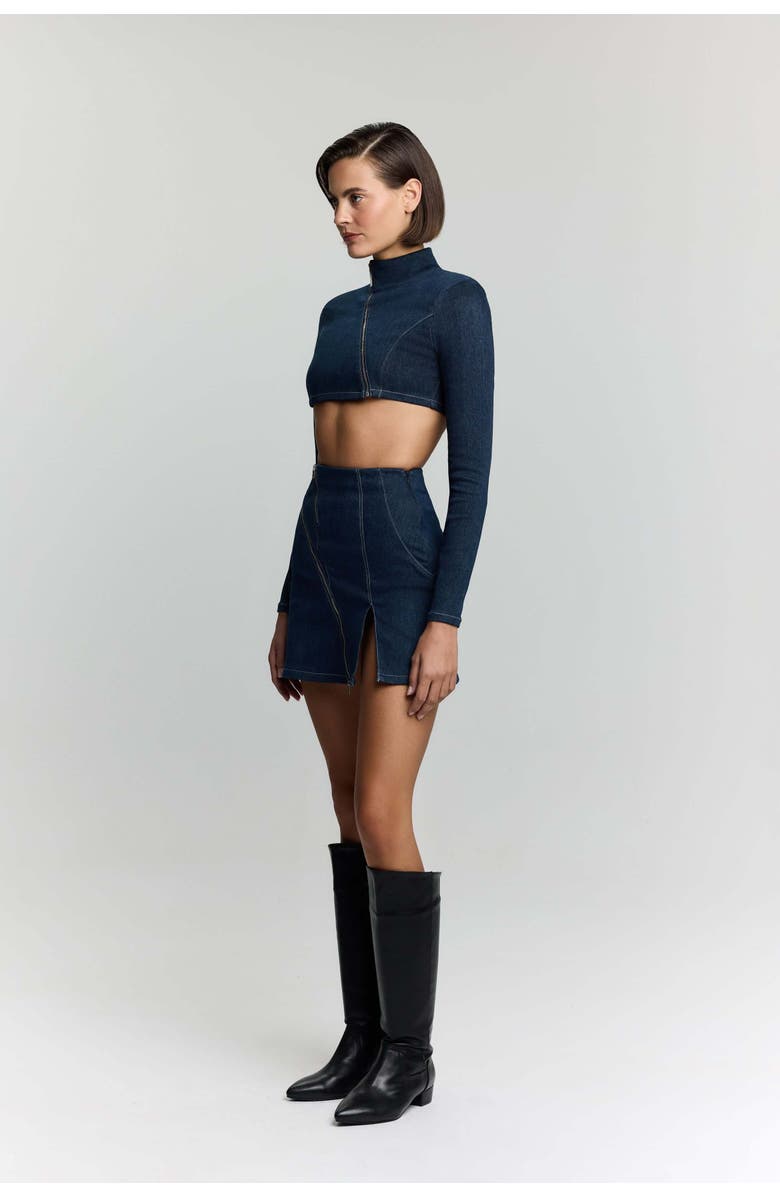 Jendue US Spin Denim Jacket - Cropped, Asymmetrical Zip Top, Alternate, color, Deep Blue