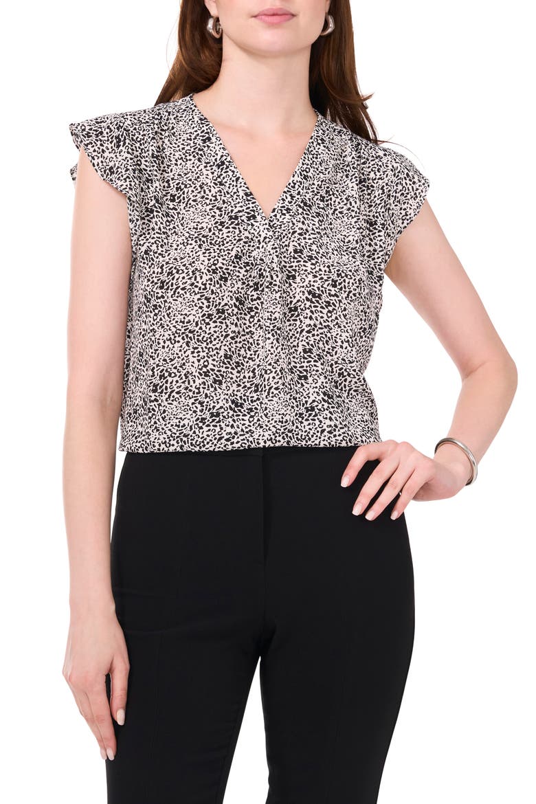 Print Flutter Sleeve Blouse, Main, color, BLACK/IVORY
