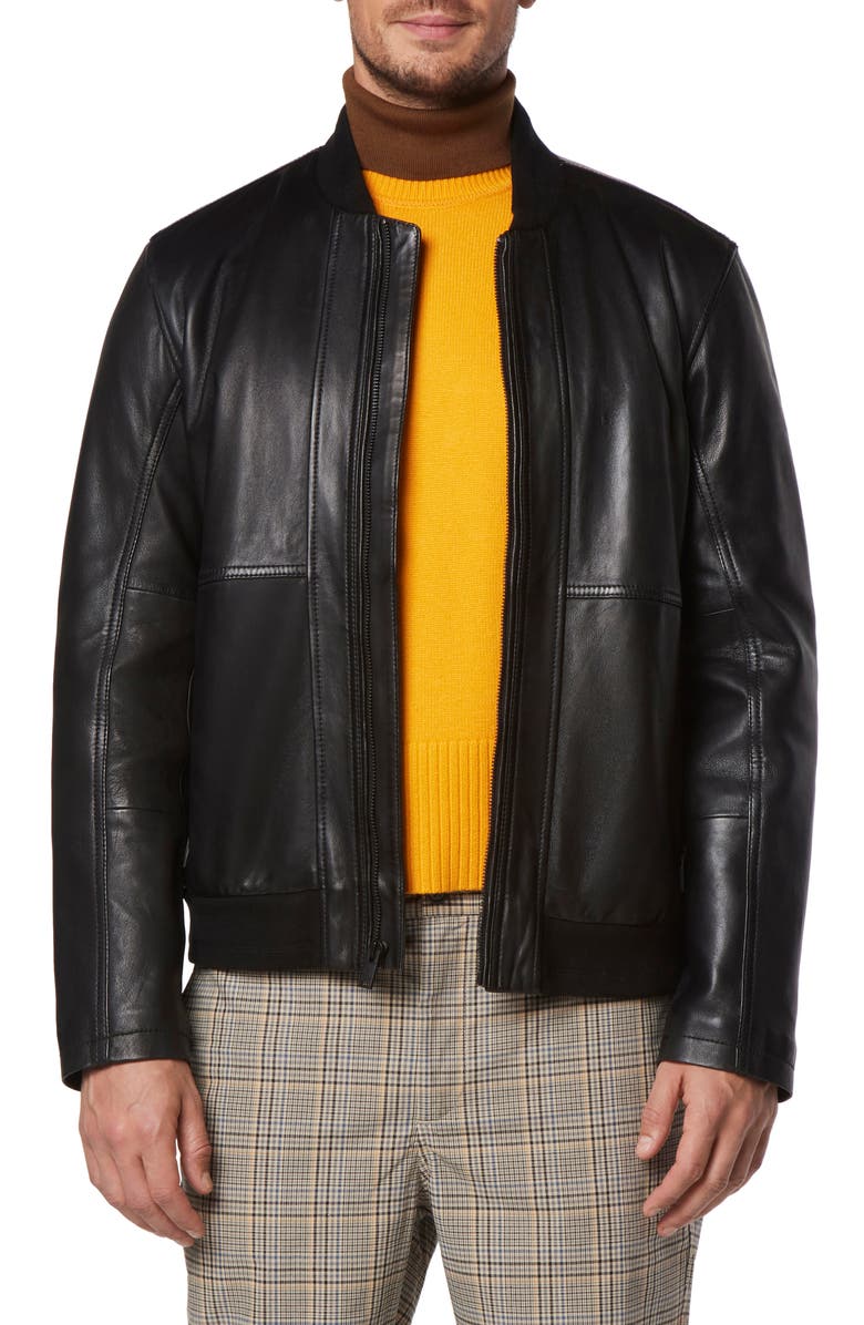 Andrew Marc Macneil Leather Bomber Jacket, Main, color, Black