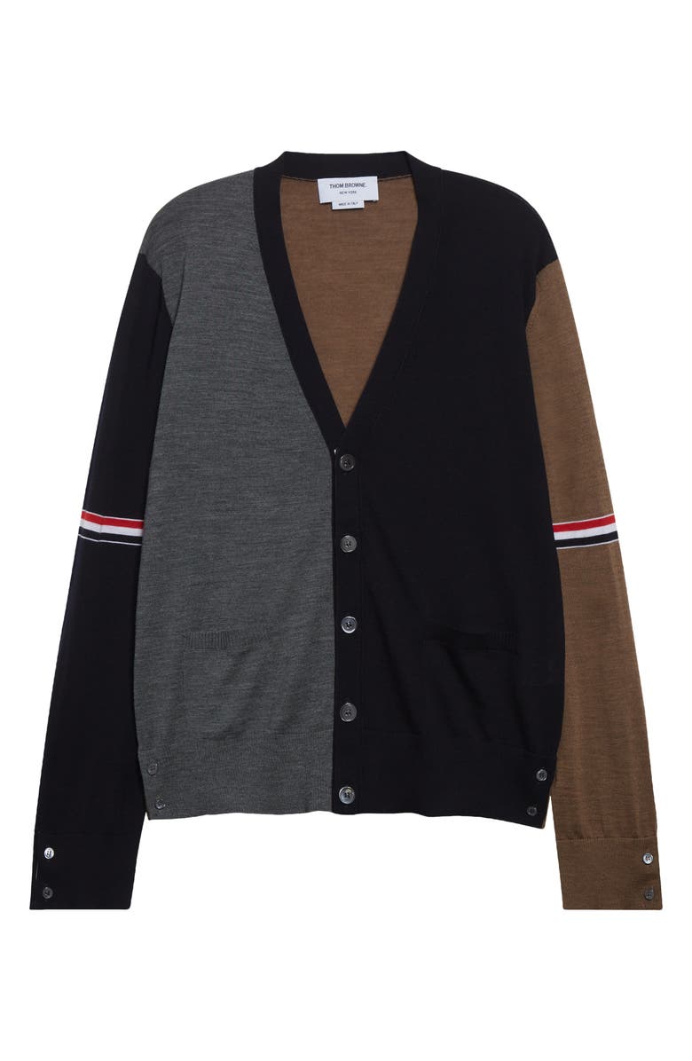 Thom Browne Fun-Mix Colorblock Relaxed Virgin Wool Cardigan, Alternate, color, Navy/ Grey/ Brown