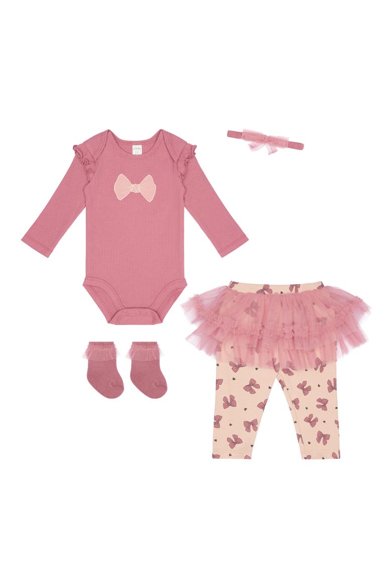 Ribbed Ruffle Bodysuit, Skirted Leggings, Headband & Socks Set, Alternate, color, BOWS