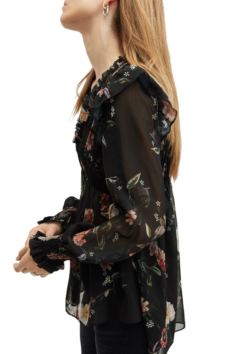 AllSaints Iryna Floral Print Pleated Top, Alternate, color, Unity Black
