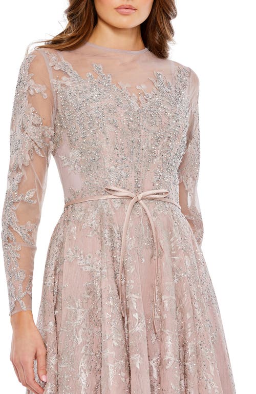 Mac Duggal Embellished Bow Belt Illusion Long Sleeve A Line Dress In Rose