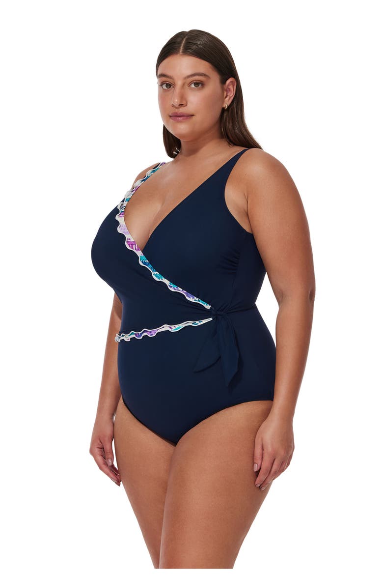 Canva Plus Size Tricolore V Neck Surplice One Piece, Alternate, color, Navy