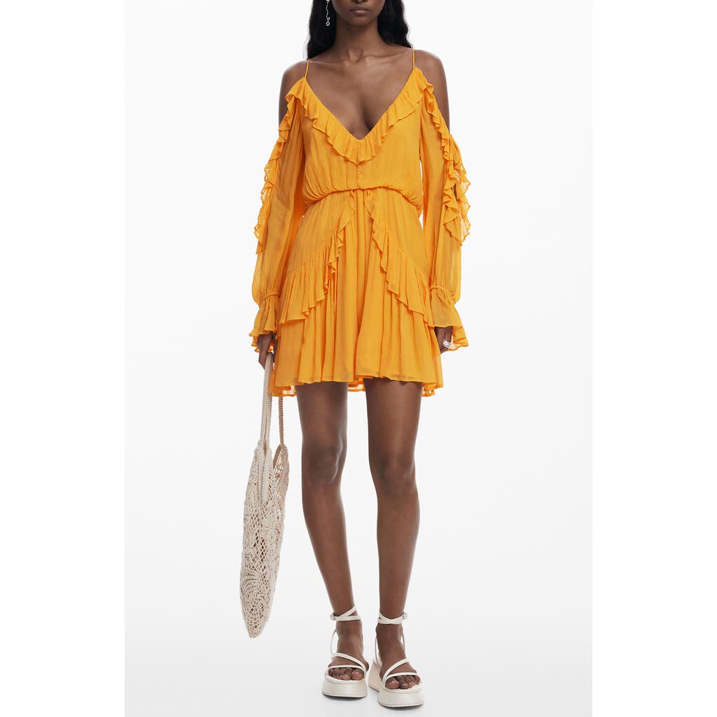 Desigual Cold Shoulder Long Sleeve Minidress In Orange