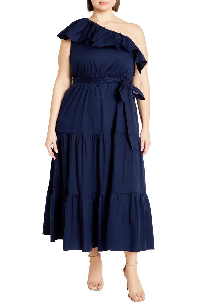 Kiama Ruffle One-Shoulder Tie Belt Tiered Stretch Cotton Dress, Main, color, NAVY