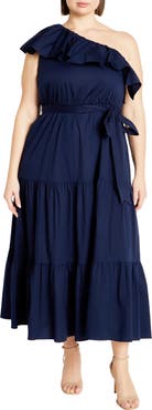 City Chic Kiama Ruffle One-Shoulder Tie Belt Tiered Stretch Cotton Dress