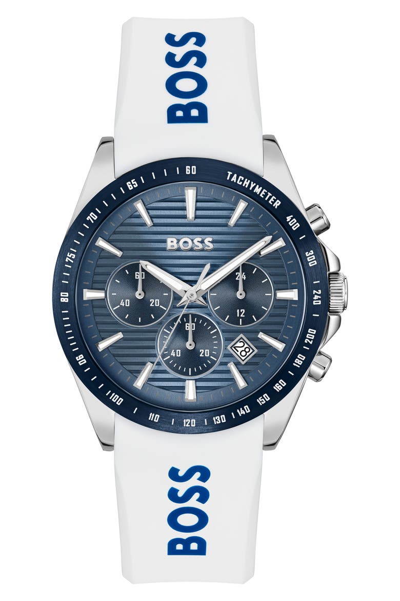 Strike Chronograph Silicone Strap Watch, 41mm, Main, color, BLUE