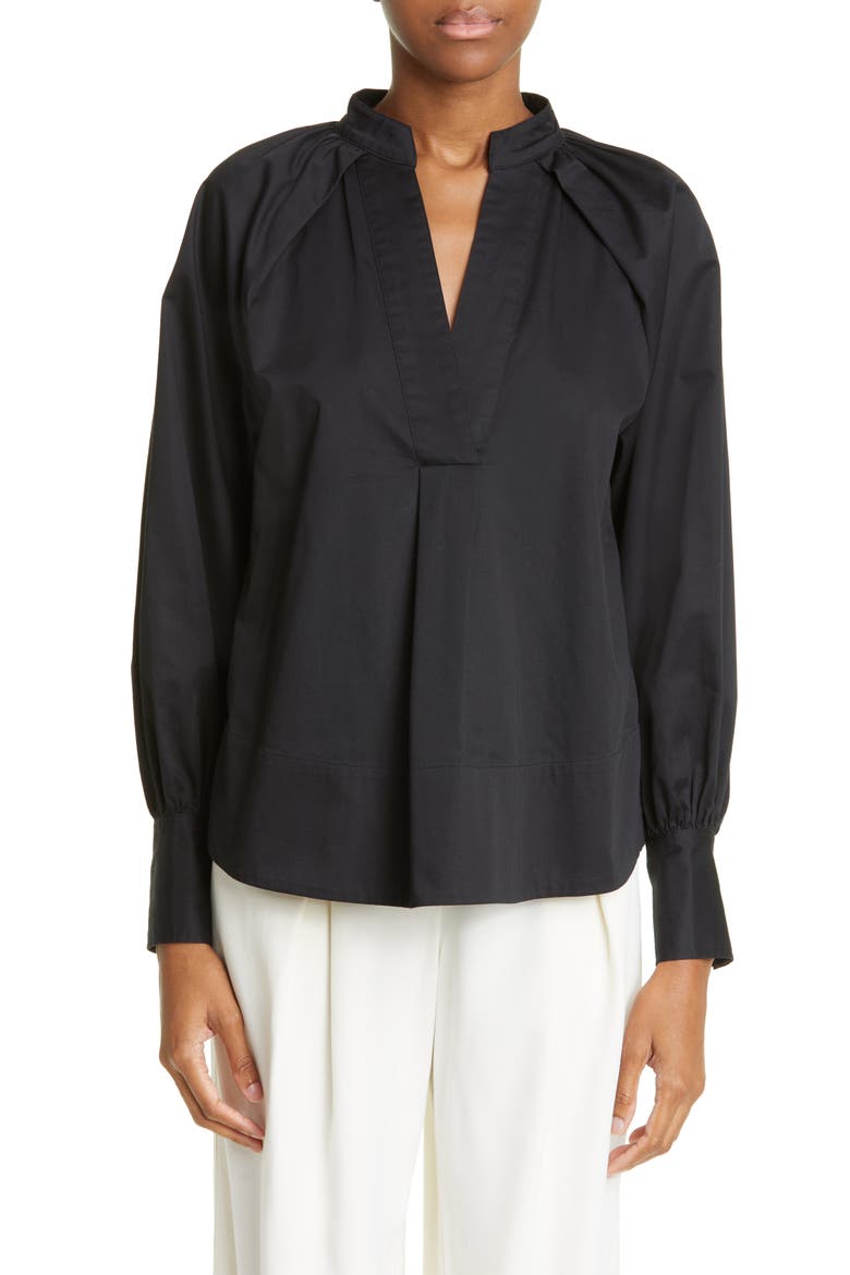 Pleated Cotton Poplin Blouse, Main, color, 001 BLACK