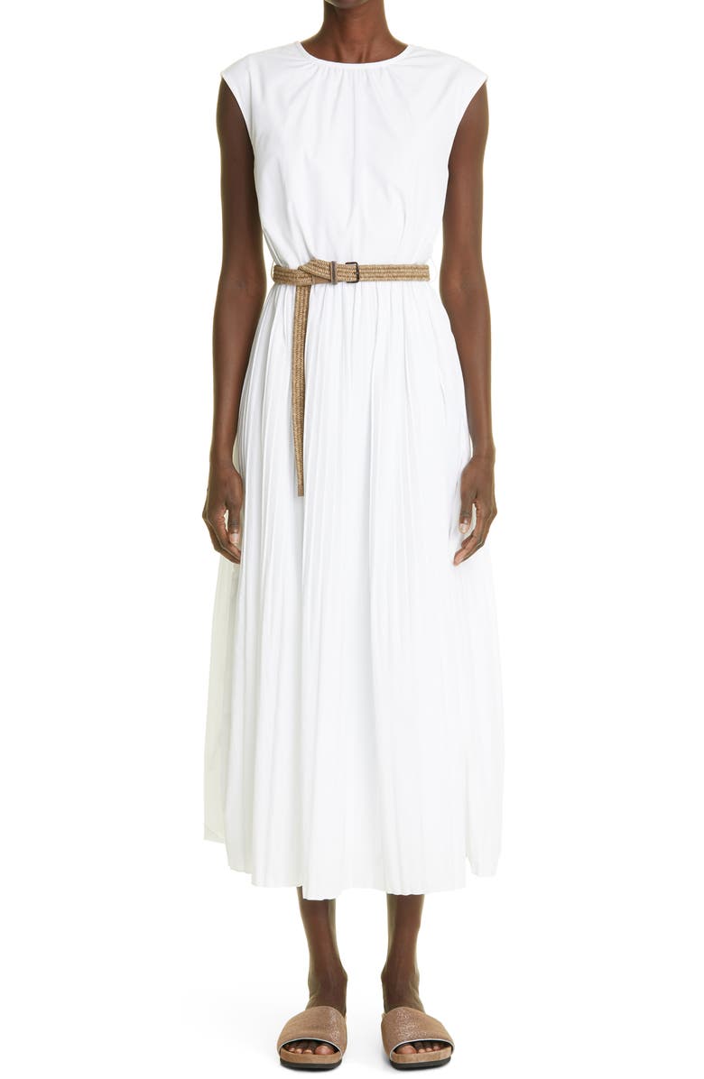 Brunello Cucinelli Belted Sleeveless Poplin Midi Dress, Main, color,