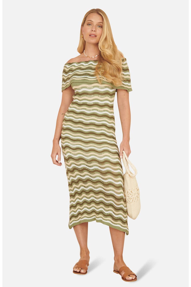 Stripe Crochet Knit Bardot Midi Dress, Main, color, Green