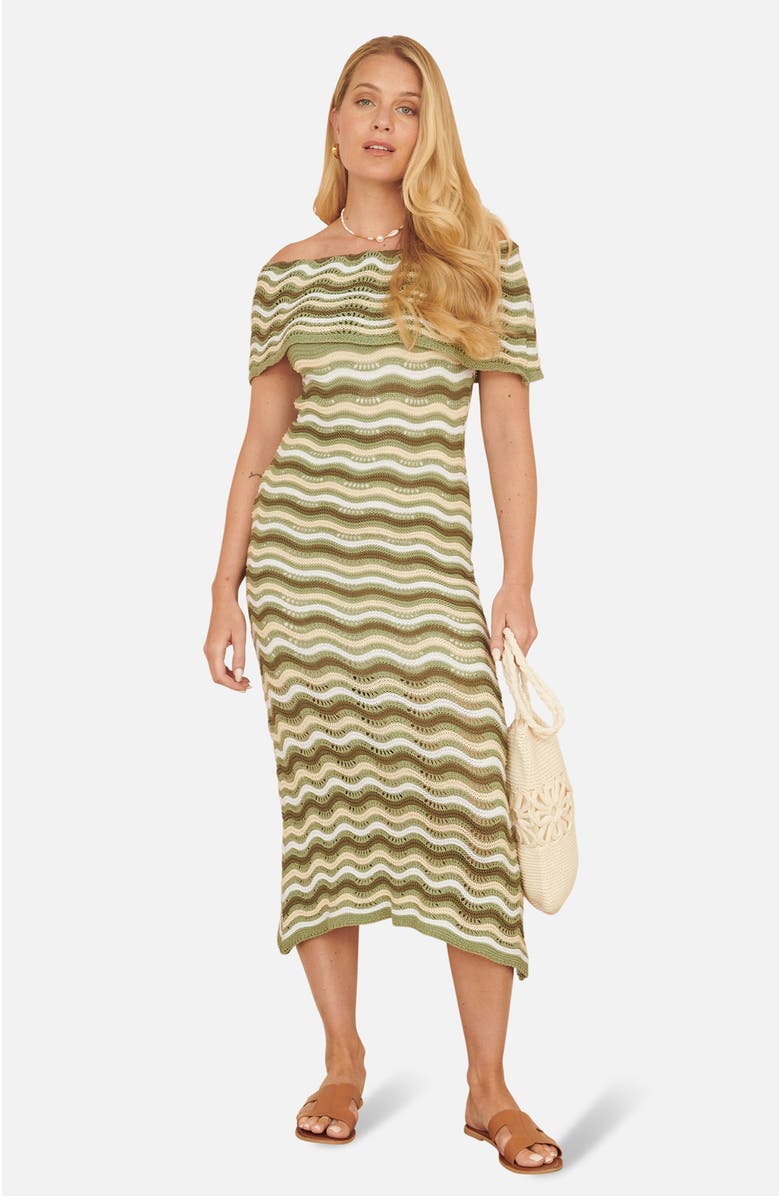 Yumi Stripe Crochet Knit Bardot Midi Dress, Main, color, Green