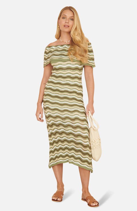 Stripe Crochet Knit Bardot Midi Dress