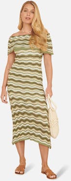 Yumi Stripe Crochet Knit Bardot Midi Dress