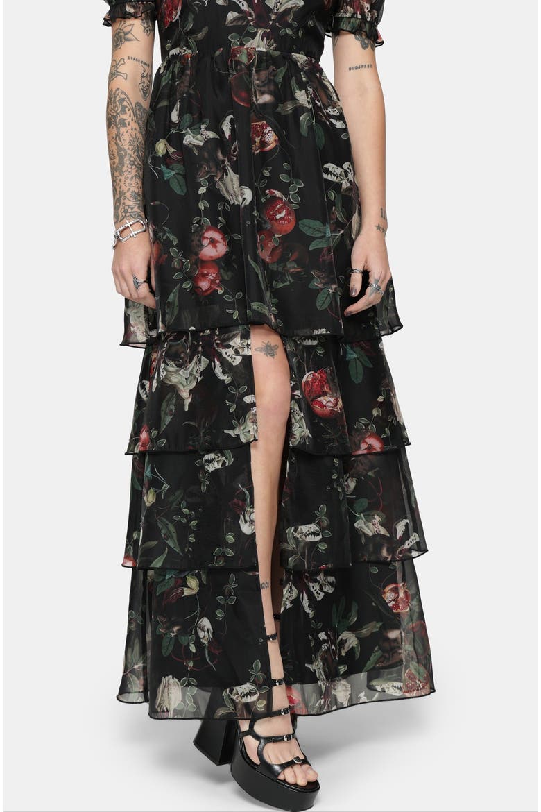 Anara Fruit Print Tiered Gown, Alternate, color, Black