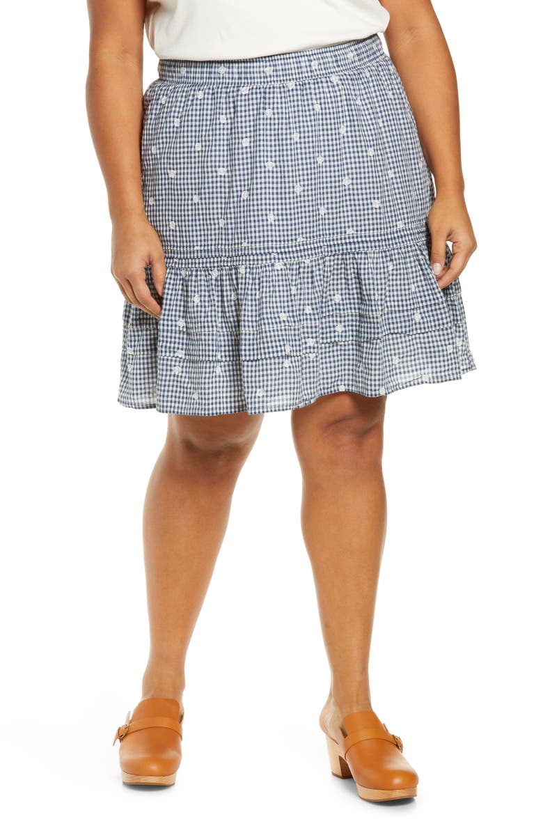 Madewell Embroidered Tiered Gingham Miniskirt, Main, color, 