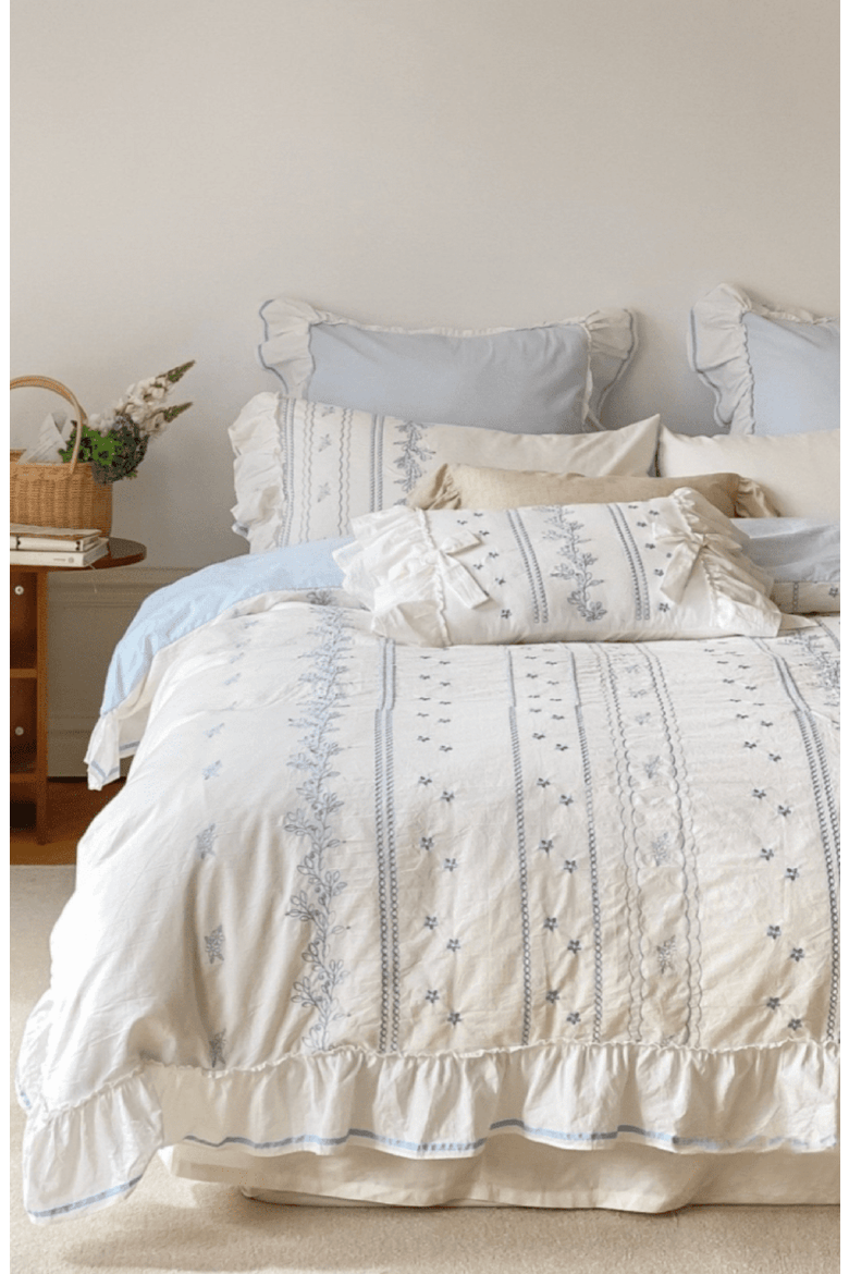Embroidered French Lace Ruffle Duvet Cover, Alternate, color, Blue