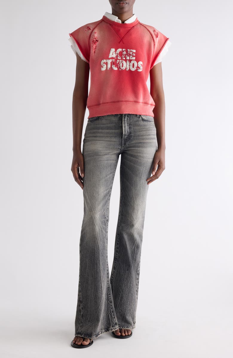 Acne Studios Mixed Media Distressed Cap Sleeve Logo Graphic Sweatshirt, Alternate, color, Red/ White