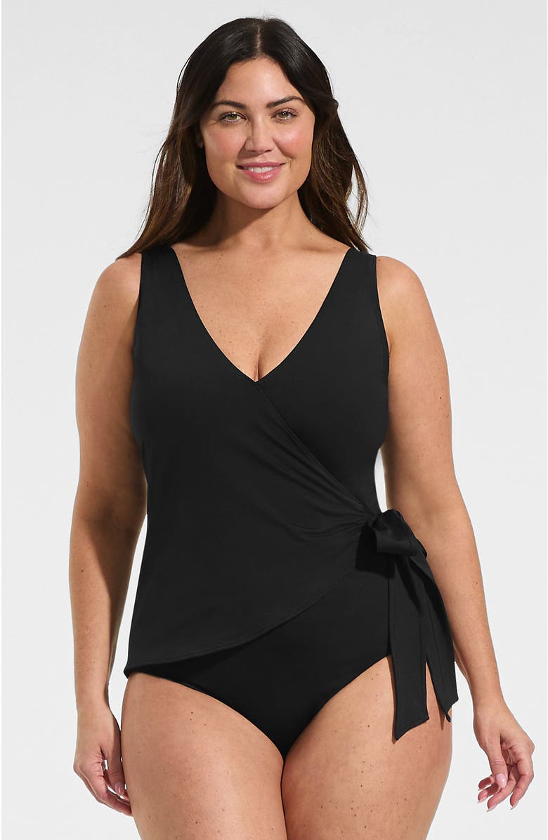 Lands' End Chlorine Resistant Side Tie Wrap High Leg One Piece Swimsuit, Main, color, Black