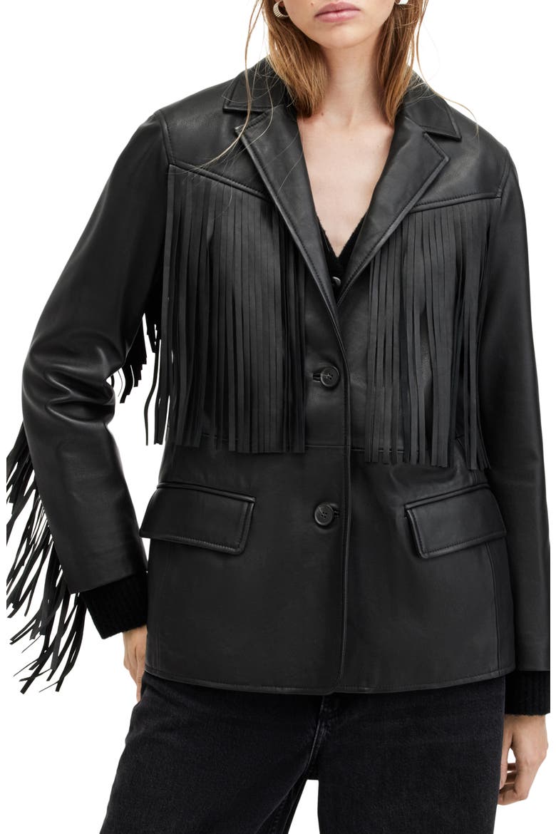 Corinna Fringe Leather Blazer, Alternate, color, BLACK