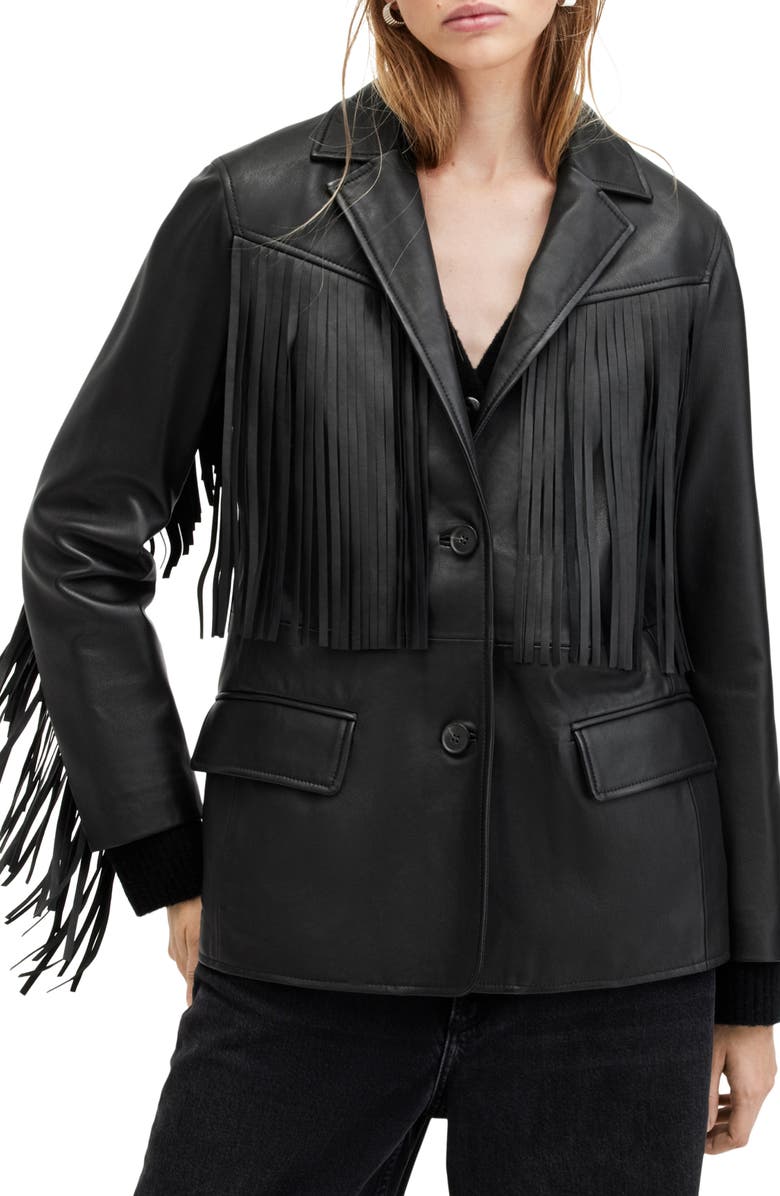 AllSaints Corinna Fringe Leather Blazer, Alternate, color,