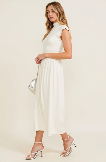 Mock Neck Cap Sleeve Knit Midi Dress with Elastic Waist Detail
