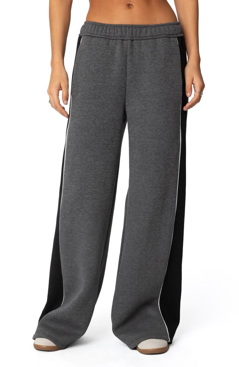 EDIKTED Contrast Stripe Wide Leg Sweatpants, Main, color, Dark-Gray