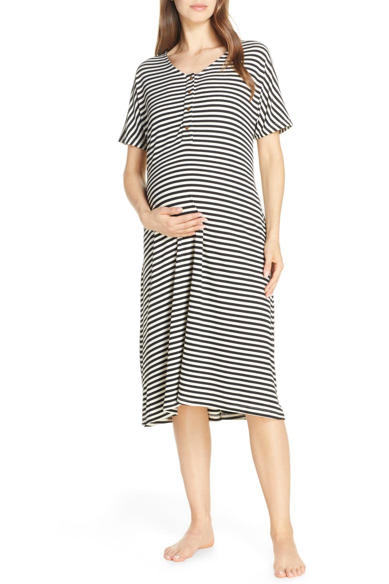 Maternity/Nursing Ribbed Nightshirt, Main, color, STRIPE- CREAM AND TAN