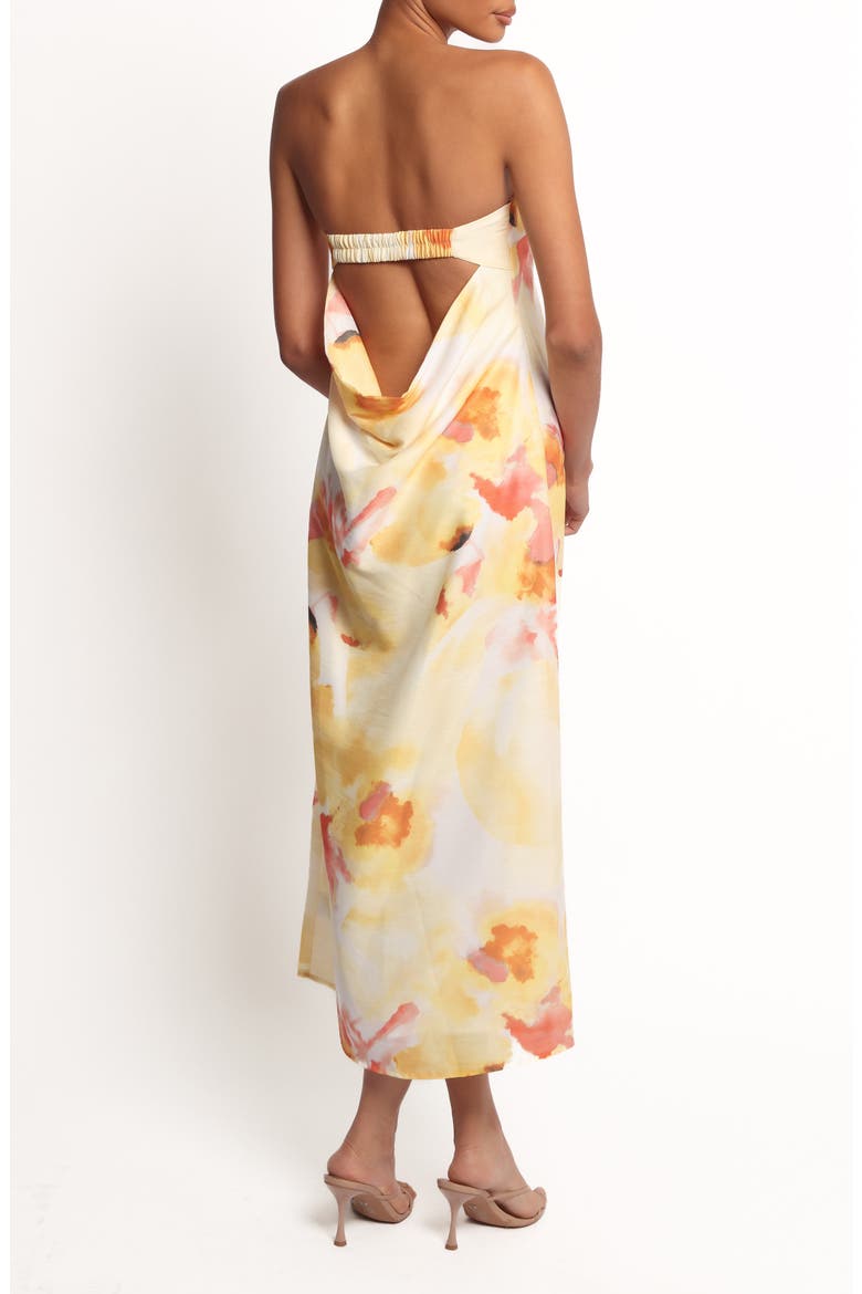 Hydra Strapless Satin Midi Dress, Alternate, color, YELLOW FLORAL