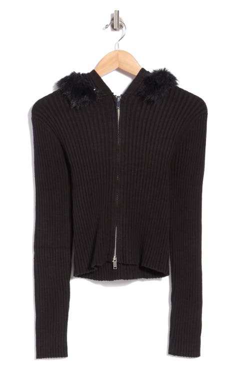 Faux Fur Trim Hooded Cardigan