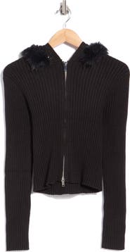 Madden Girl Faux Fur Trim Hooded Cardigan
