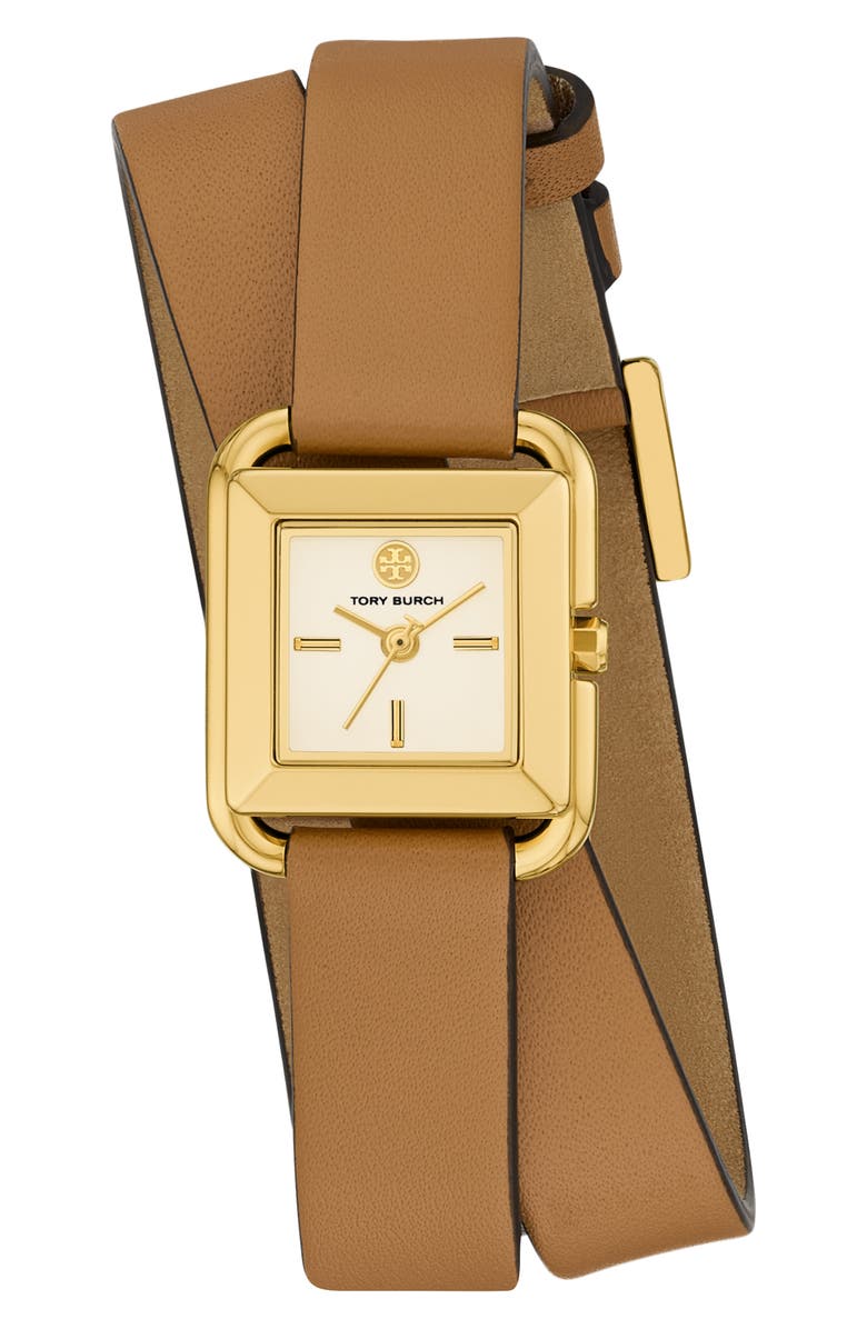 Tory Burch The Small Kira Double Wrap Leather Strap Watch, 18mm x 18mm, Main, color, Gold