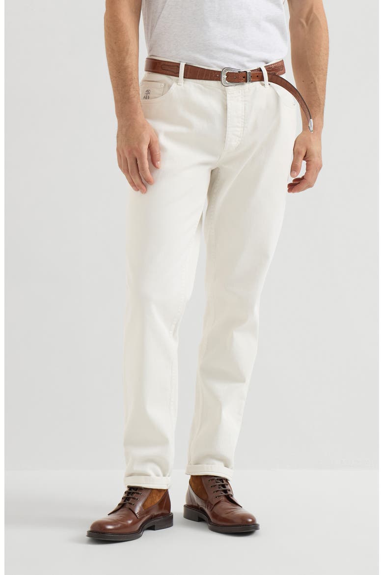 Garment-dyed traditional fit five-pocket trousers in comfort cotton lightweight denim, Main, color, White