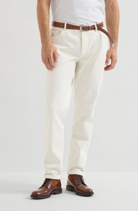 Garment-dyed traditional fit five-pocket trousers in comfort cotton lightweight denim