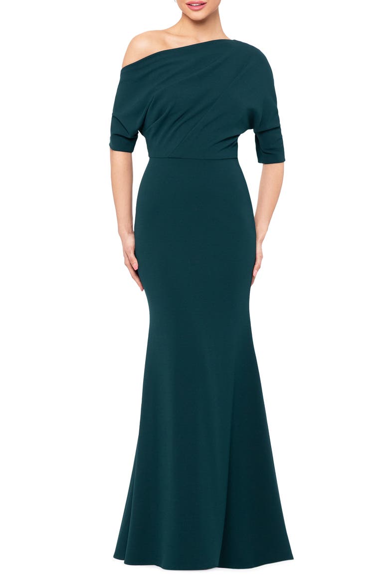 One-Shoulder Crepe Scuba Trumpet Gown, Main, color, PINE