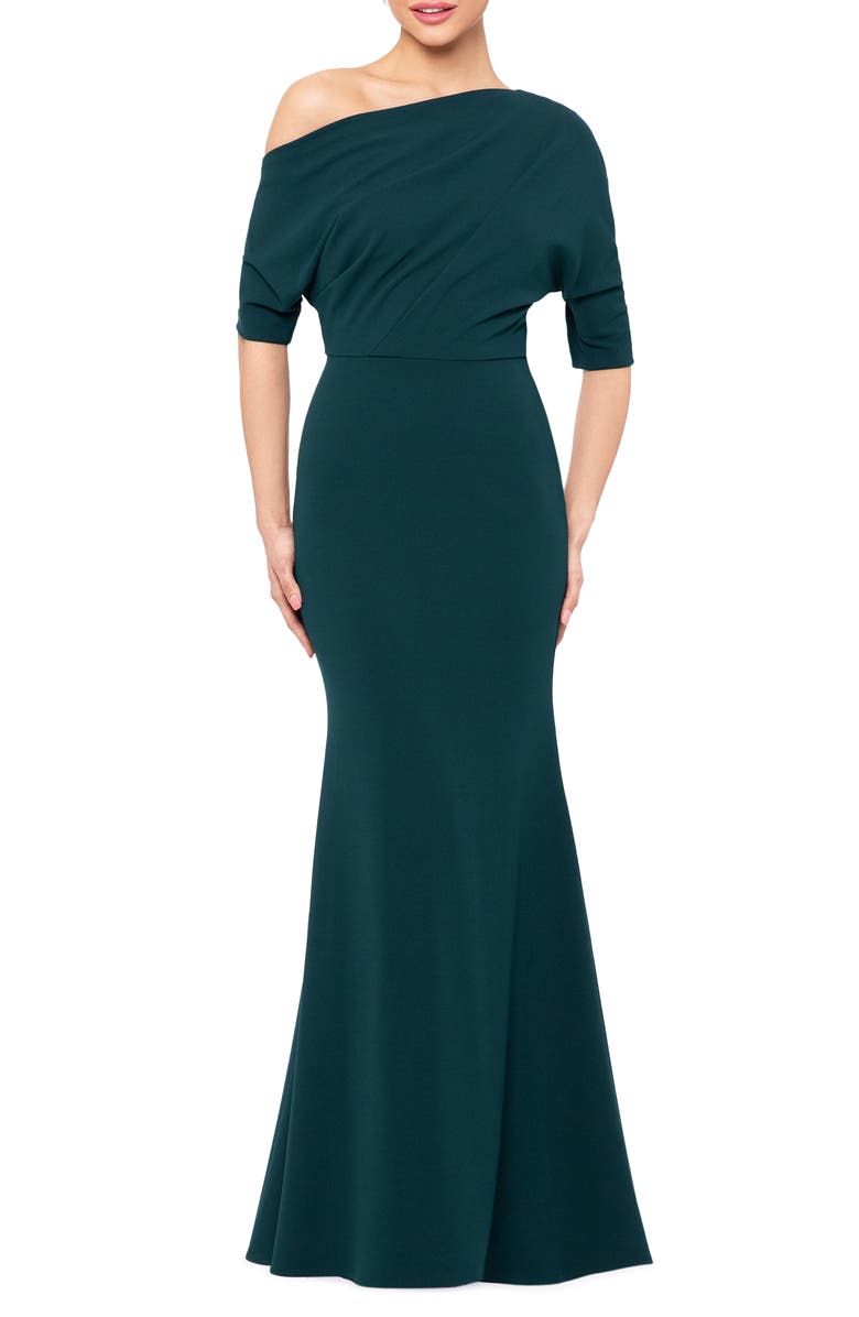 Betsy & Adam One-Shoulder Crepe Scuba Trumpet Gown, Main, color, Pine