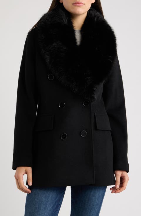 Herringbone Wool Blend Coat with Faux Fur Collar