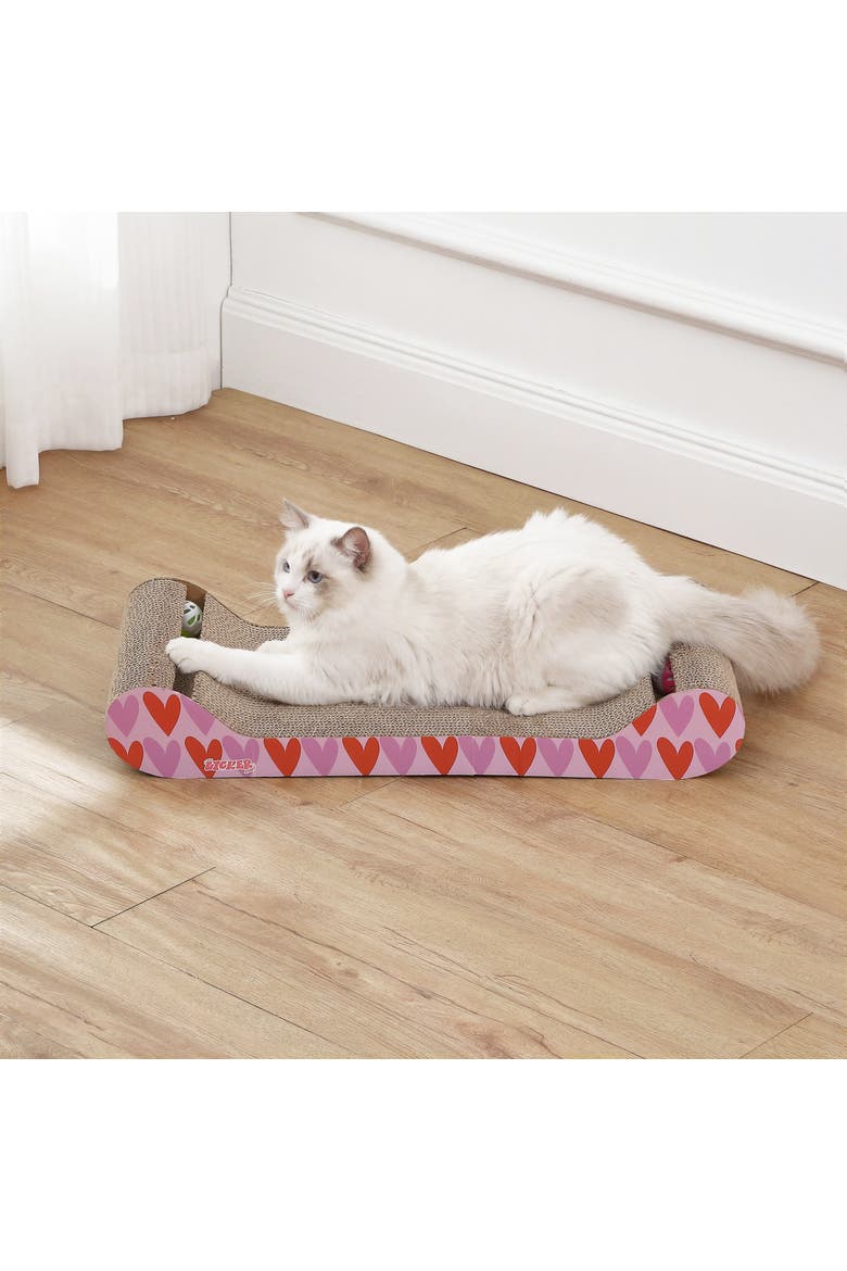 Rini Modern Cardboard Lounge Bed Cat Scratcher with Built-In Bell Toys and Catnip, Alternate, color, Pink/Red