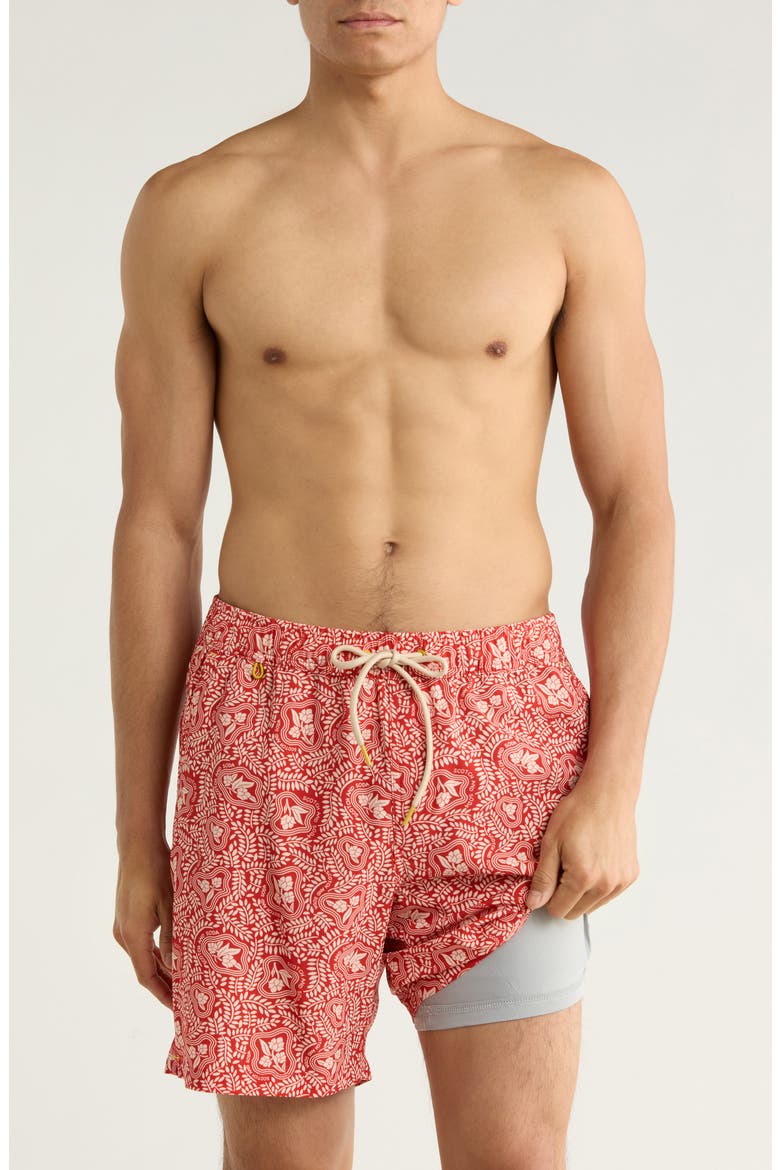 Leafy Floral Print Swim Trunks, Alternate, color, FIRE WHIRL